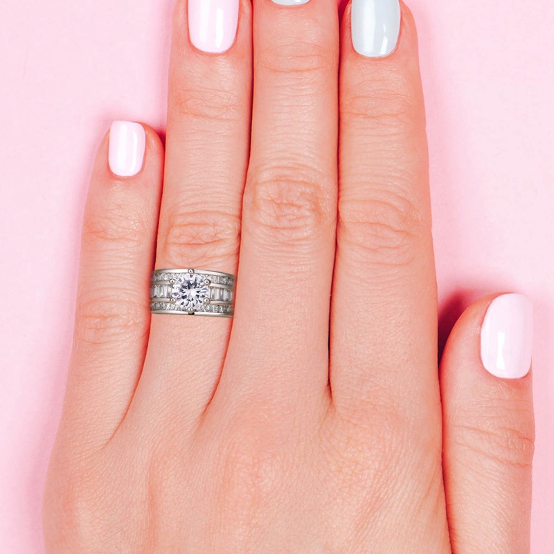 Wanita Cincin Kawin Putih Cubic Zirconia Warna Perak Band Fashion Mewah Pertunangan Nikah Pengantin Perhiasan