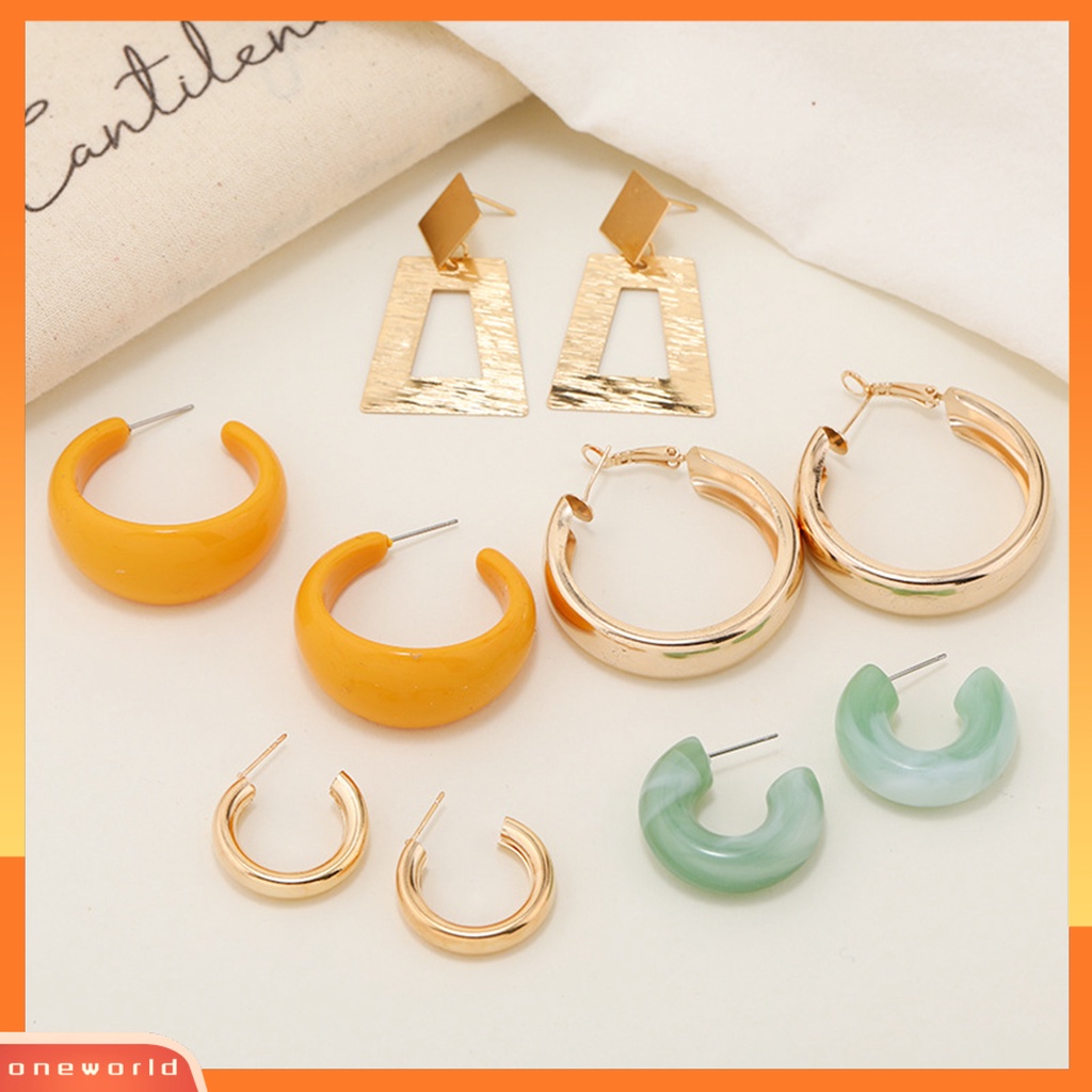 [EONE] 5pasang Setengah Hoop Anting Berbentuk C Geometris Multi-Gaya Minimalis Elegan Logam Akrilik Wanita Stud Earrings Kit Perhiasan Fashion