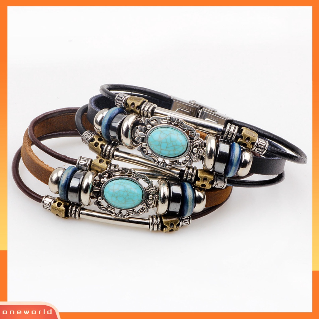 [EONE] Gelang Unisex Manik-Manik Perhiasan Imitasi Turquoise Gelang Rantai Tali Vintage Untuk Pakaian Sehari-Hari