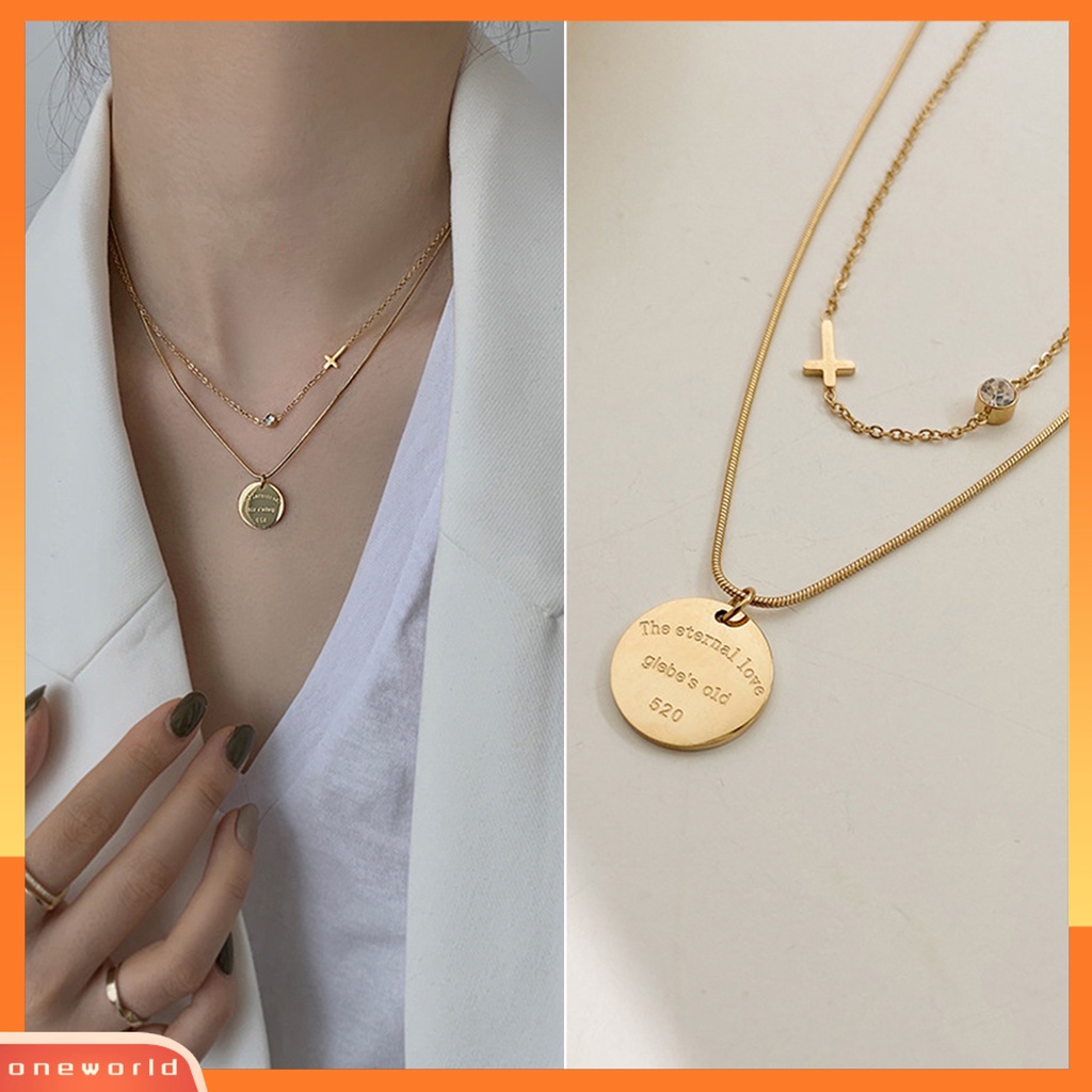[EONE] Kalung Wanita Dua Lapisan Liontin Bulat Perhiasan Kalung Huruf Vintage Untuk Perjamuan