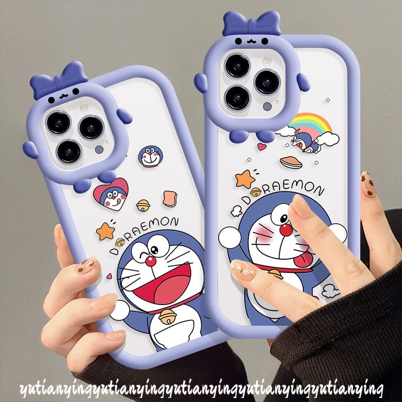 Case Doraemon Kartun Untuk Oppo A57 A17 A77s A77 A95 A16 A17K A96 A54 A76 A74 A7 A16K A55 A3s A53 A5 A5s A15 A12 A31 A52 A16E A9 Reno 57z Cute 3D Ikatan Simpul Little Monster Lens Cover