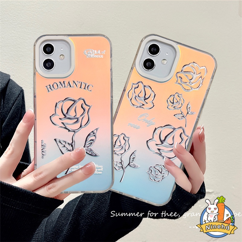 Casing iPhone Rasa Metalik Canggih Kompatibel Untuk Iphone14 13 12 11 Pro Max X Xr Xs Max8 7 Plus SE 2020 Laser Pelindung Layar Penuh Mawar Soft Case Bening Silikon Cover Pelindung