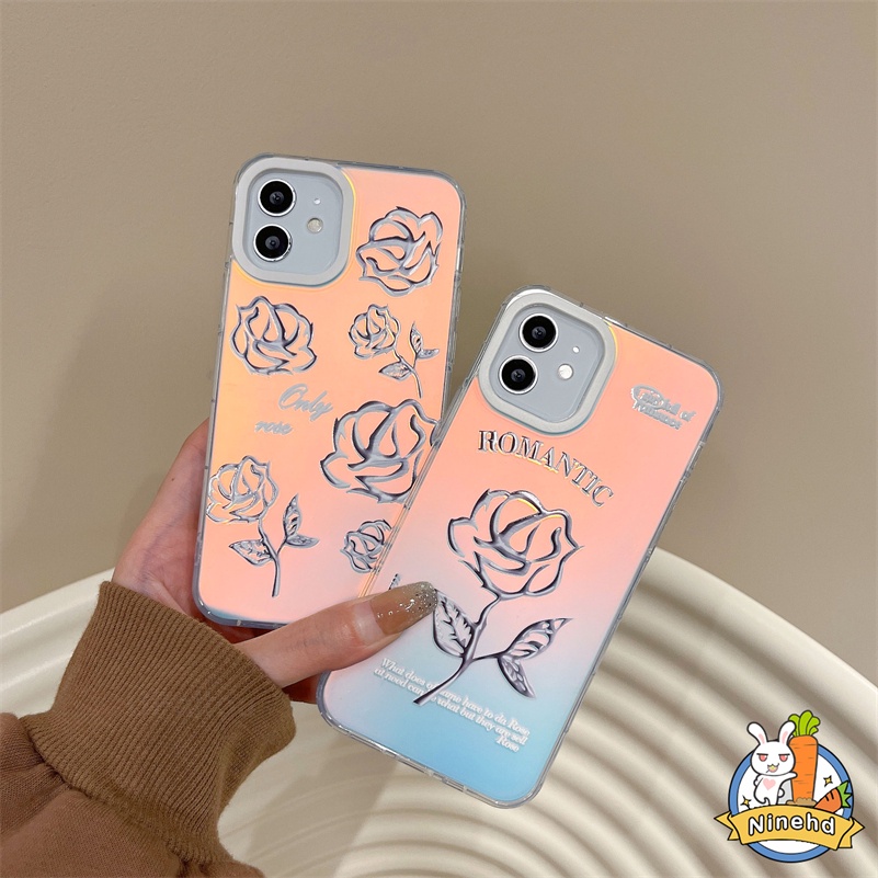 Casing iPhone Rasa Metalik Canggih Kompatibel Untuk Iphone14 13 12 11 Pro Max X Xr Xs Max8 7 Plus SE 2020 Laser Pelindung Layar Penuh Mawar Soft Case Bening Silikon Cover Pelindung