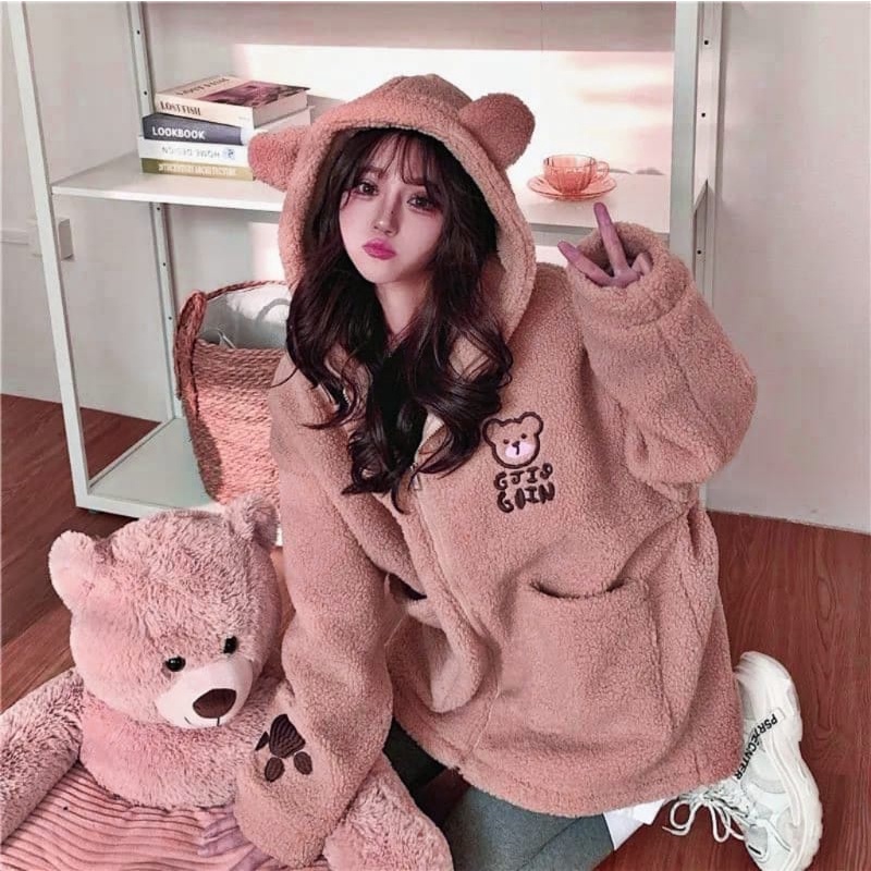 Bear Girl Jaket Zipper Sherpa Buludru Bordir Premium Fit To XL Besar l Jacket Hoodie Wanita Remaja Korean Style