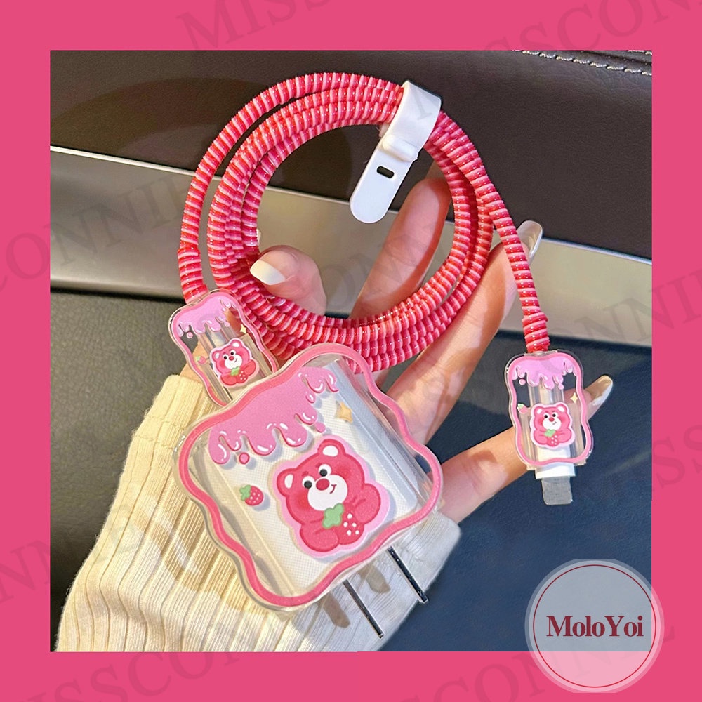 5in1 Kartun Toy Story Cute Strawberry Bear Wavy Edge Data Cable Sleeve Set Kompatibel Untuk Apple18/20W Adaptor Charger Lembut TPU Cover Dengan Pelindung Gigitan Kabel SpongeBob Yang Indah