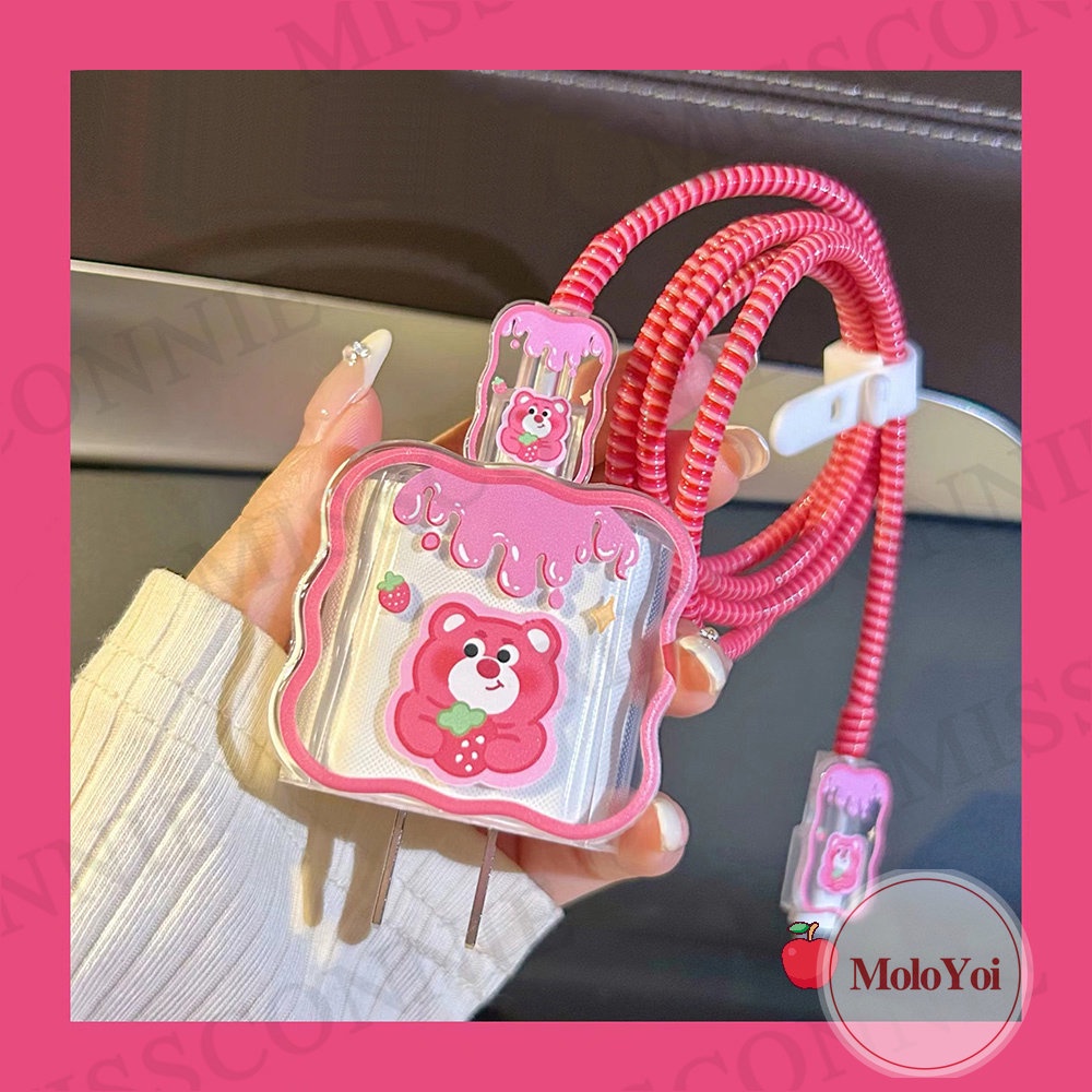 5in1 Kartun Toy Story Cute Strawberry Bear Wavy Edge Data Cable Sleeve Set Kompatibel Untuk Apple18/20W Adaptor Charger Lembut TPU Cover Dengan Pelindung Gigitan Kabel SpongeBob Yang Indah