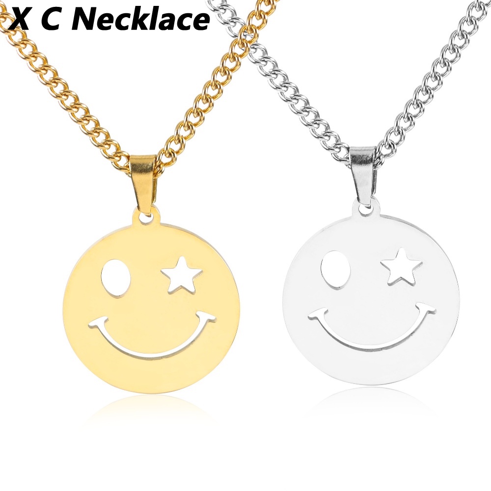 [X C Kalung] Emas &amp; Perak Baru Hip-hop Punk Retro Bermata Bintang Smiley Face ​Kalung titanium Steel Liontin Anti Karat Untuk Perhiasan Hadiah Liburan Pria Dan Wanita