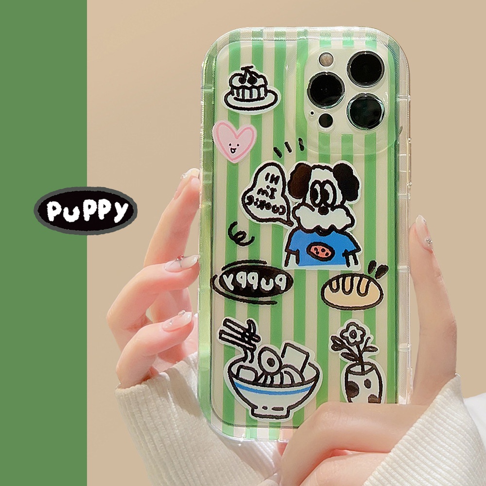 IPHONE Ins Garis Hijau Lucu Keren Anjing Kartun Silikon Case Untuk Iphone14 11 12 13 PRO MAX Casing Cover Pelindung AT0246