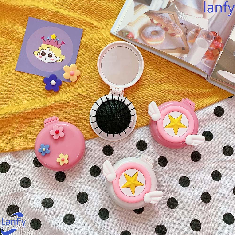 Lanfy Cermin Sisir Bulat Kartun Lucu Lipat Travel Mini Makeup Mirror Star Alat Kosmetik Sikat Rambut