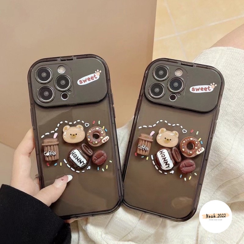 IPHONE 3d Kartun Lucu Mainan Bear Case Kompatibel Untuk Iphone11 12 13 14 Pro Max7 8 14 Plus XR X XS MAX SE Kreatif Flip Make Up Cermin Kopi Donat Silicon Shockproof Soft Case