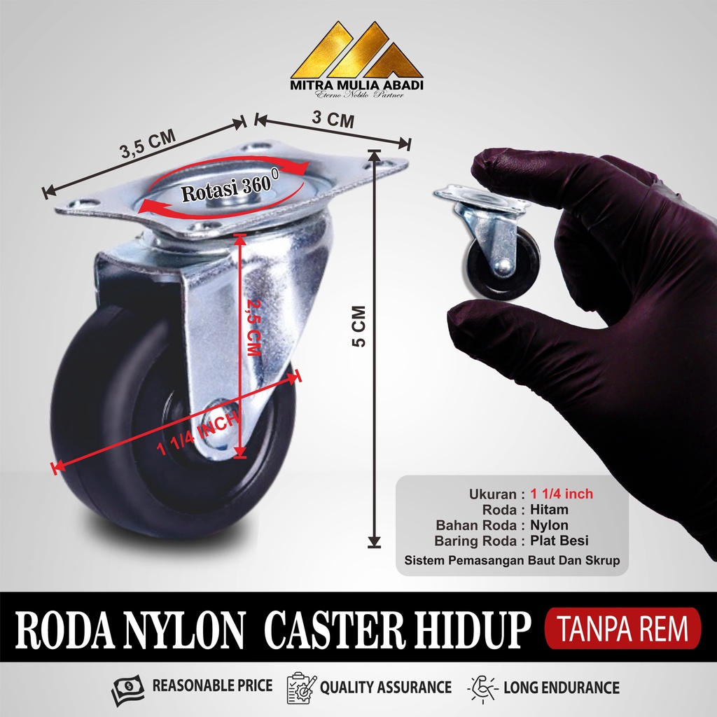 Roda Caster Hitam  Roda Nylon Roda Koper Hidup Tanpa Rem Per PCS