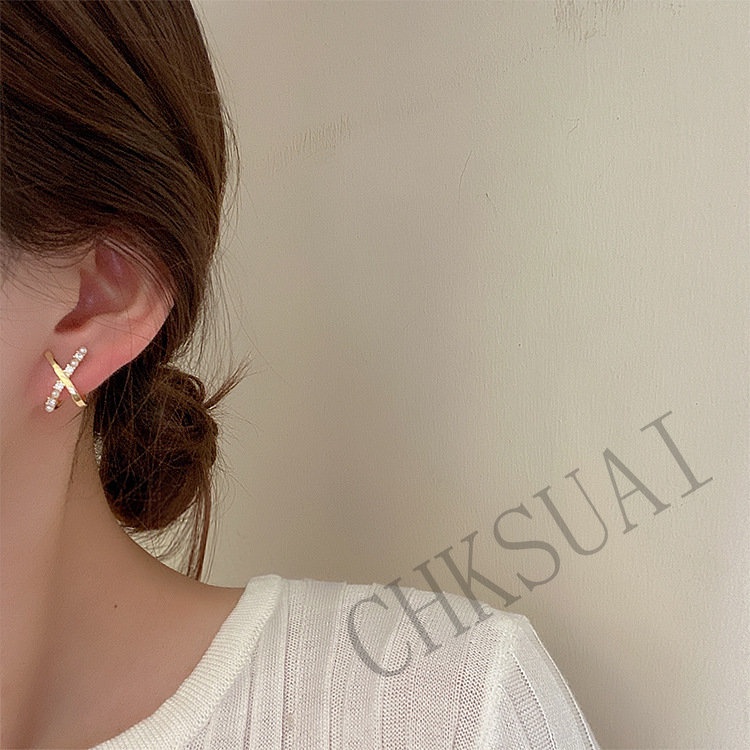 S925 Perak Jarum Anting Perempuan Versi Korea Mutiara Berlian Imitasi X-Berbentuk Salib Desain Anting Retro Earrings