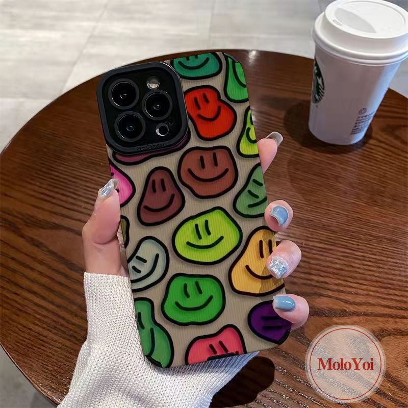 Casing Lembut Shockproof Kompatibel Untuk IPhone XR XS X Max 11 Pro Max 7Plus 11 12 14 13 Pro Max8 7 Plus Tekstur Kulit Mewah Kartun Graffiti Warna-Warni Smiley Phone Cover