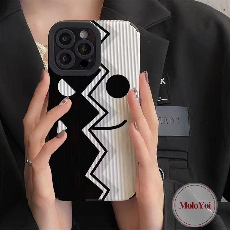 IPHONE Kartun Lucu Kreatif Setan Hitam Dan Putih Wajah Kembali Case Kompatibel Untuk Iphone11 13 14 12 Pro Max7 8 Plus XR XS X MAX 7Plus Tekstur Kulit Mewah Lembut Silikon Ponsel Cover