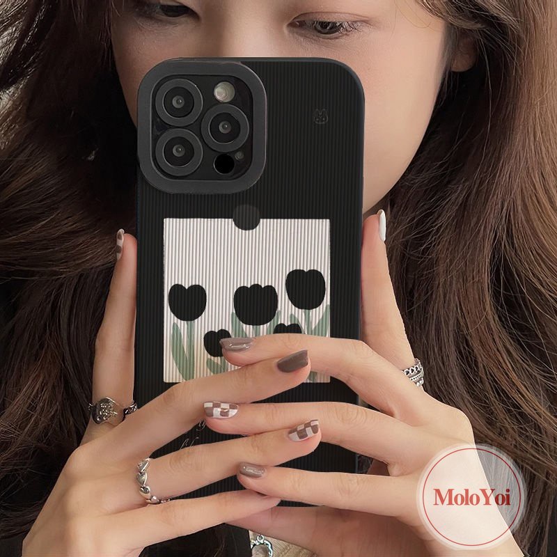 IPHONE Stiker Tekstur Kulit Mewah Shockproof Case Kompatibel Untuk Iphone11 12 14 13 Pro MAX 7Plus 7 8 Plus XR X XS MAX Jepang Dan Korea Selatan Fashion Bunga Tulip Lembut Silicone Cover