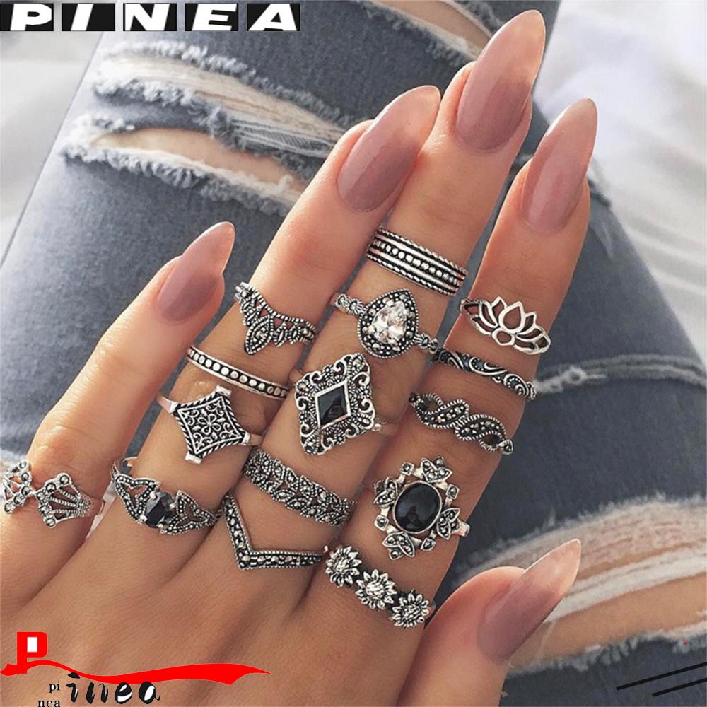 Nanas 15PCS/Set Cincin Set Fashion Boho Vintage Perak Aksesoris Tangan