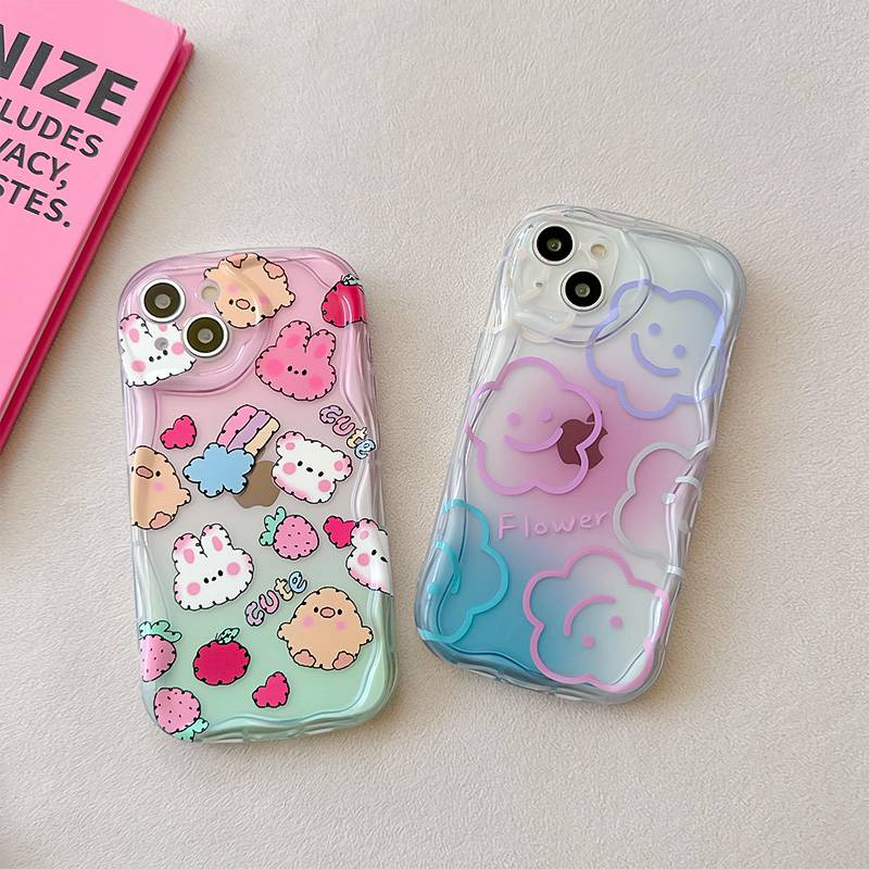 Cute Strawberry Bunny Flower Smile Gelombang Bening Soft Case HP iP iPhone X XS XR 11 12 13 14 Pro Max Woman Girl FTD Casing Apple