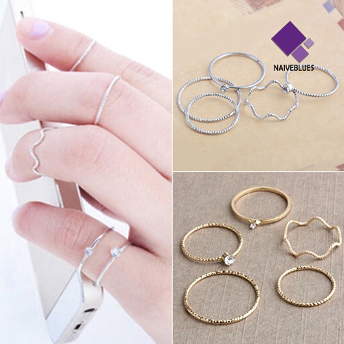 &lt; Naiveblues &gt; 5Pcs/Set Cincin Band Gelombang Tumpuk Di Atas Buku Jari Midi Rings Perhiasan Charm