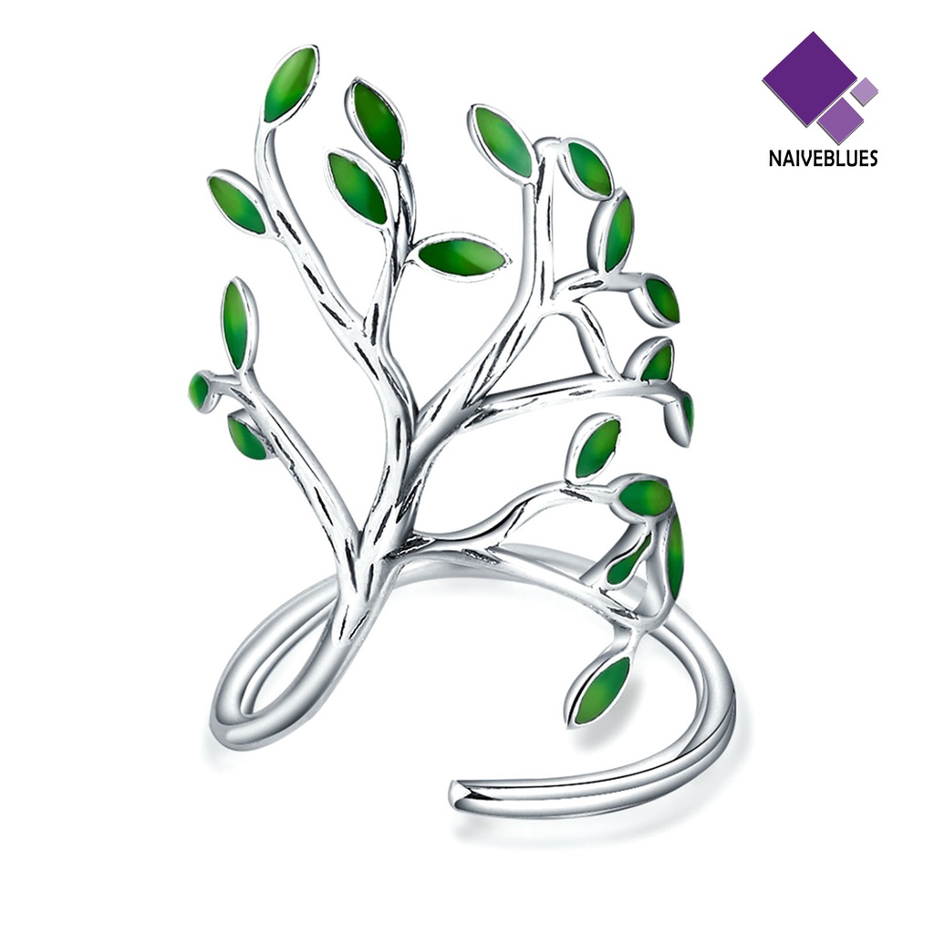 &lt; Naiveblues &gt; Cincin Unisex Bukaan Adjustable Tembaga Cabang Hijau Daun Aksesoris Cincin