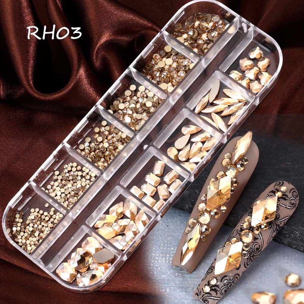 AUGUSTINA Agustina Aurora Kuku Berlian Imitasi Wanita 12grid Ukuran Campur Warna Champagne Irregular Drills 3D Nail Art Drills
