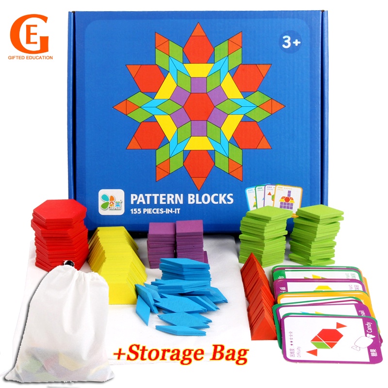 155pcs Set Blok Pola Kayu Anak Bentuk Geometris Mainan Puzzle Montessori Edukasi Dini Tangram Mainan