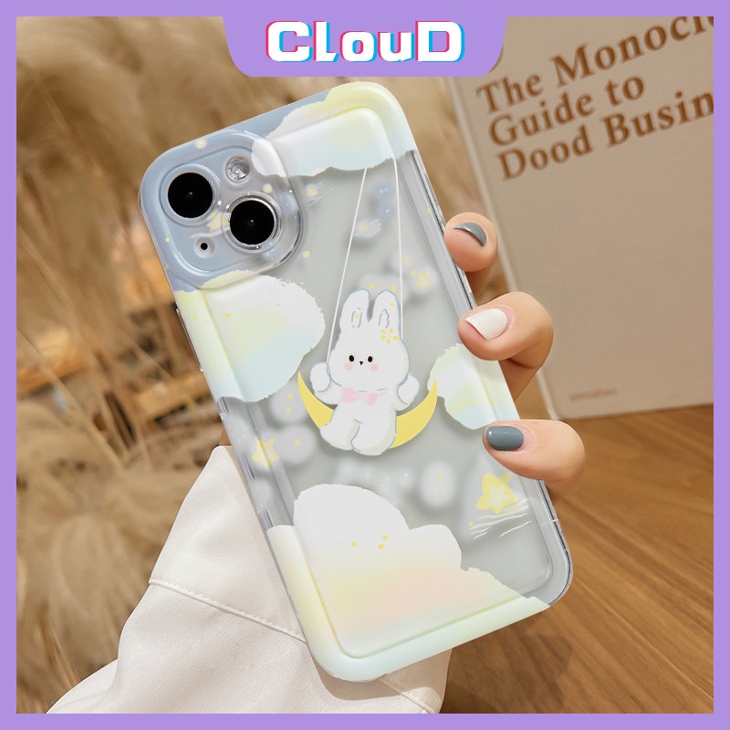 IPHONE Fantasy Starry Clouds Rabbit Couples Case Kompatibel Untuk Iphone11 13 14 12 Pro MAX XR 7 6 6S 8plus X XS MAX 7Plus SE 2020 Lembut Bening Shockproof Airbag Lucu Snowball Rabbit Cover