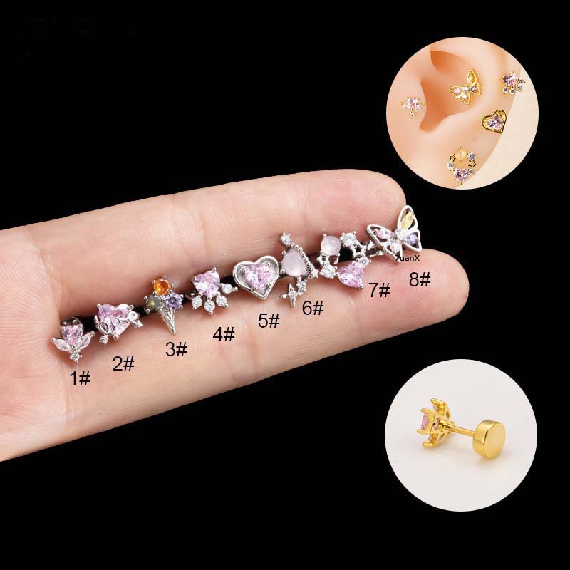 1biji Hati Kupu-Kupu Bentuk Bunga Tragus Tulang Rawan Helix Piercing 20Gauge Stainless Steel Zircon Warna Emas Perak