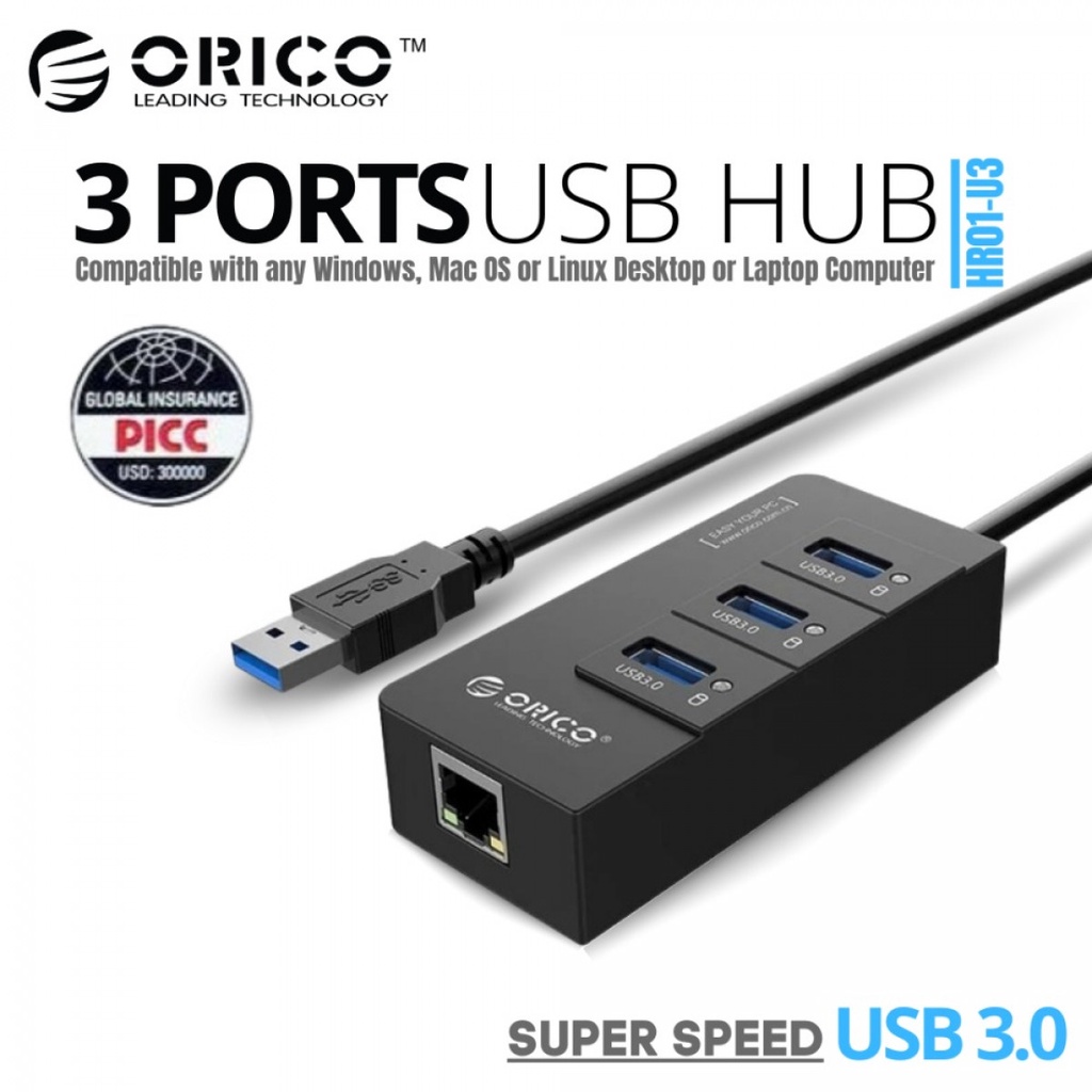 ORICO USB3.0 Hub with Gigabit LAN Ethernet Adapter - HR01-U3