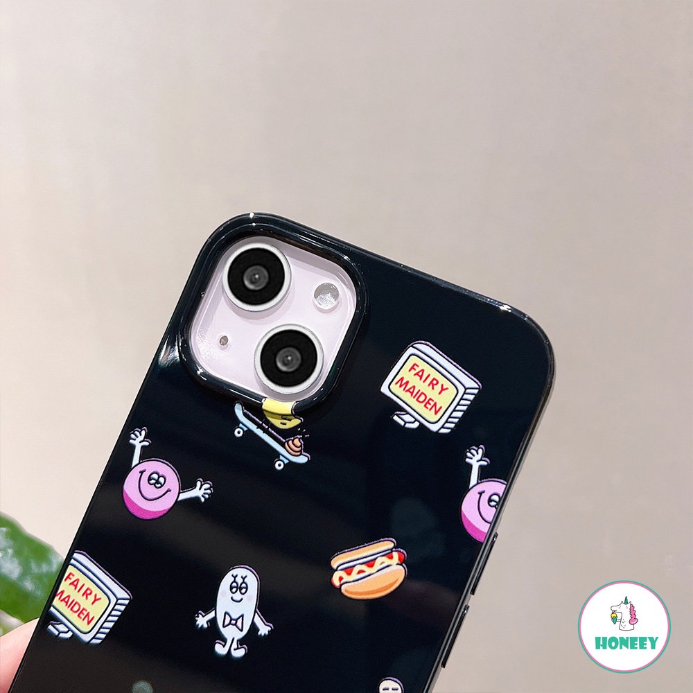 IPHONE Kartun Lucu Stiker Layar Penuh Ponsel Case Kompatibel Untuk Apple14 Untuk Iphone11 13 14 12 Pro Max XS XR 78 Plus Hitam Glossy Lembut TPU Shockproof Cover