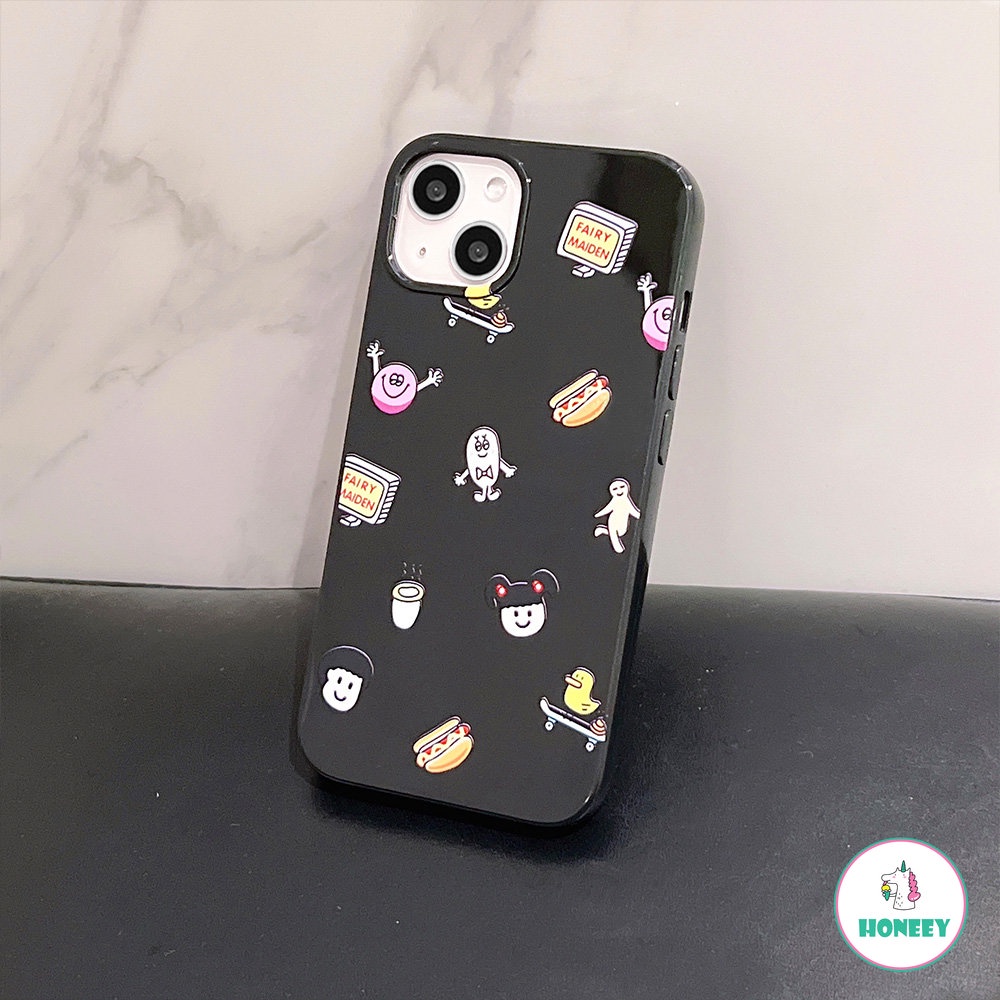 IPHONE Kartun Lucu Stiker Layar Penuh Ponsel Case Kompatibel Untuk Apple14 Untuk Iphone11 13 14 12 Pro Max XS XR 78 Plus Hitam Glossy Lembut TPU Shockproof Cover