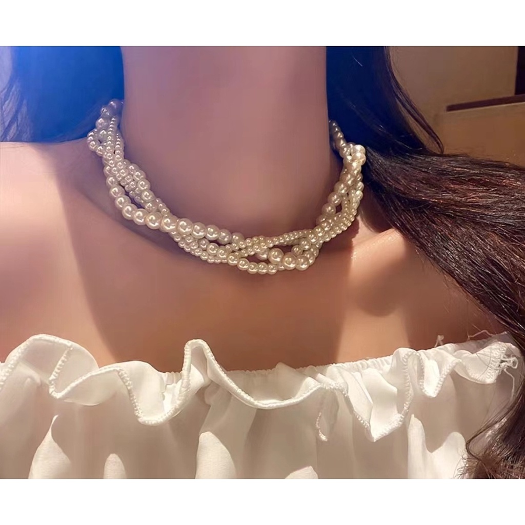 Baru Trendi Prancis Retro Multi-Layer Mutiara Rantai Klavikula Perempuan Niche Eropa Amerika Kalung Temperamen Cahaya Lux