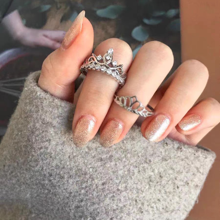 Mewah Berlian Kristal Mahkota Perak Baja Titanium Wanita Fashion Perhiasan Elegan Gadis Putri Pernikahan Pertunangan Rings Adjustable Size