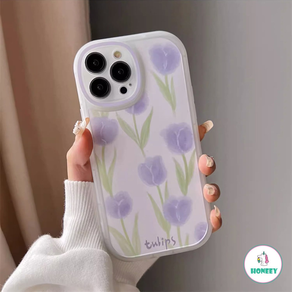 Casing Kamera Bulat INS Tulip Ungu Untuk iPhone X XR XSMAX 14 12 13 Pro Max 11 Promax 7 8 Plus Sarung Telepon Lucu