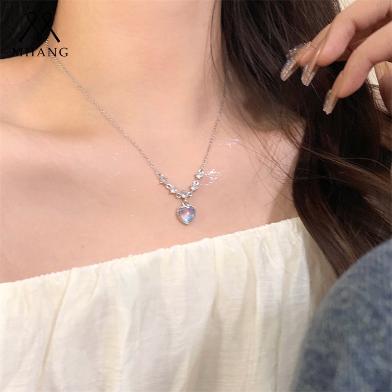 Korea Fashion Moonstone Heart Necklace Vintage Manis Zirkon Rantai Alloy Necklace Untuk Wanita