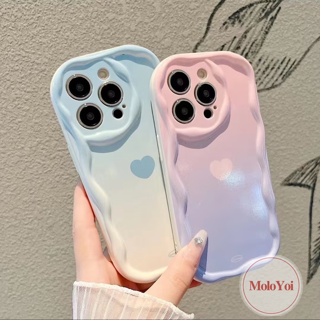 Casing Tepi Melengkung Gradasi Love Heart 3D Bergelombang Kompatibel Untuk iPhone 7Plus XR XS X Max11 13 12 14 Pro Max6 7 8 6s Plus SE 2020 Simple Macaron Warna Permen Tpu Soft Cover