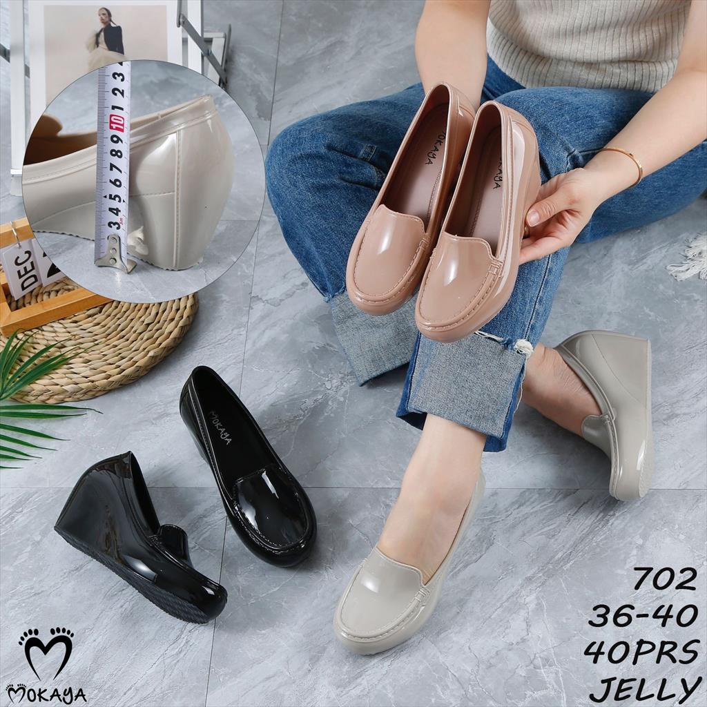 Sepatu Slop Jelly Wedges Wanita Model Garis Polos Glossy Formal Kantor Super Empuk Pretty Kekinian Import Mokaya / Size 36-41 (702)