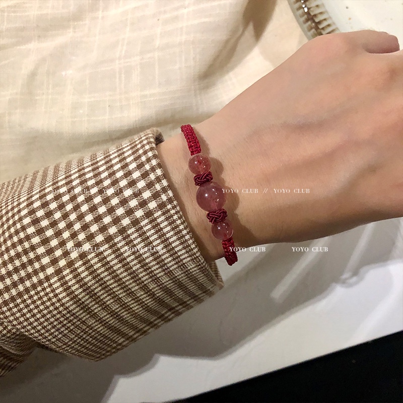 Merekrut Peach Blossom Strawberry Alami Gelang Kristal Dikepang Obsidian Gelang Niche Pasangan Pacar Gaya Baru