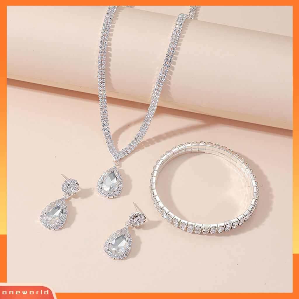 [ONE] 1set Wanita Kalung Tetesan Air Liontin Elegan Temperamen Mewah Berkilau Berlian Imitasi Menjuntai Anting Bangle Kit Perhiasan Pengantin