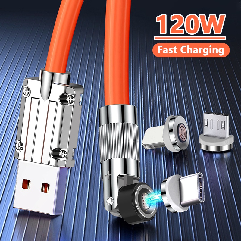 Loyang Sekat 120W 6A 540° Rotating Magnetic Super Fast Charging Cable Kabel Data Silikon Cair Kabel Charger Gaming Untuk Micro USB Type-c IOS