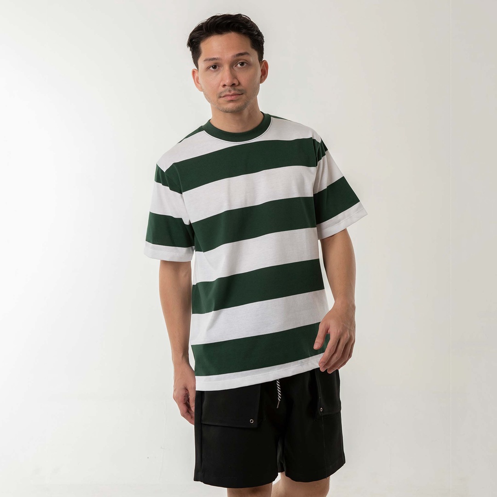 Kaos Polos Pria Garis WOODCUTTER White Green - Putih Hijau Oversize SS T-shirt Lengan Pendek