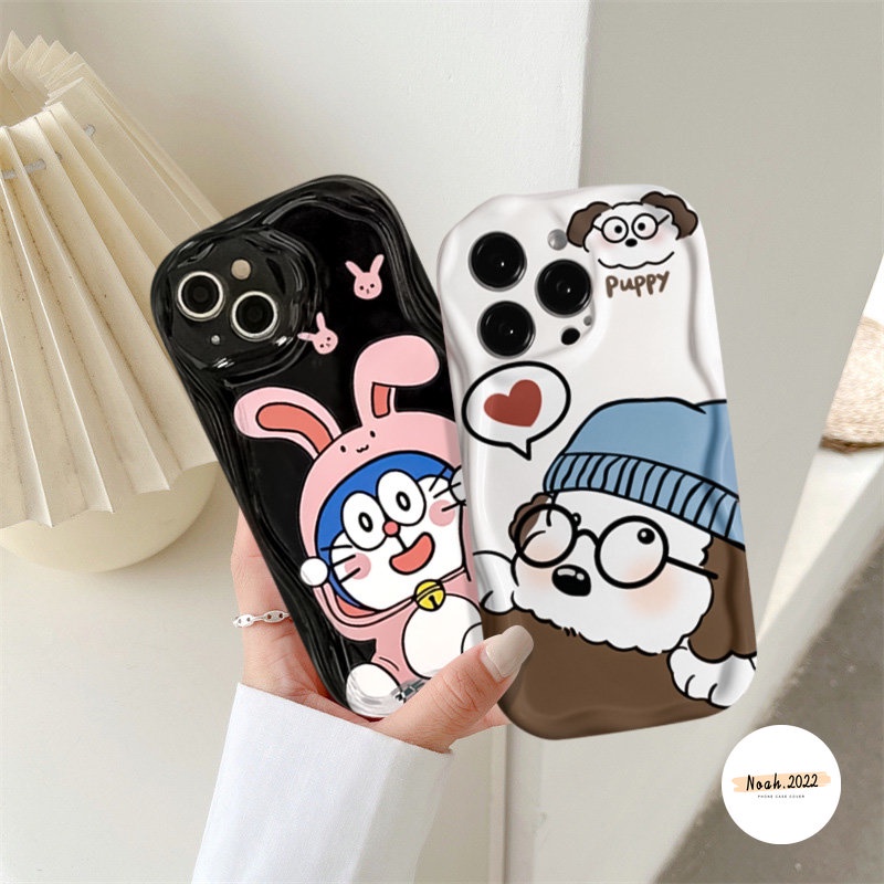 IPHONE Casing Kartun Doraemon Kelinci Kompatibel Untuk Iphone7 6 8 6s Plus XR 11 Pro Max 14 13 12 Pro Max X XS Max SE 2020 3D Wavy Curved Edge Cute Puppy Couples Soft Tpu Phone Cover