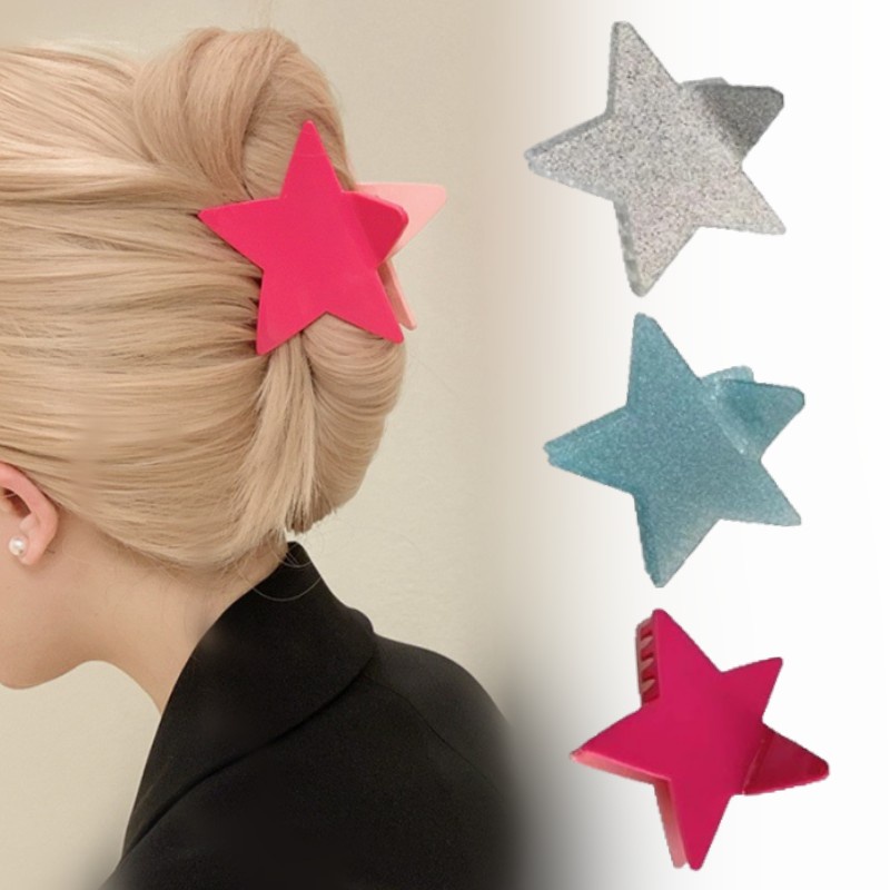 Acrylic Shiny Cakar Rambut Bintang Berujung Lima/Pentagram Y2k Fashion Hair Clip Besar/Korea Klip Hiu Berujung Lima Ponytail Besar grab Clip Back/Candy Colors Shark Clip Aksesoris Rambut