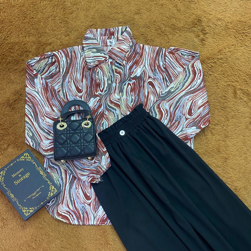 BEFAST - ZRD OOTD WANITA SETELAN ANDINI / One Set Galaxy 2in1 / Setelan Wanita Keluaran Terbaru / Fashion Kekinian Remaja ABG Trendy / Outfit Daily Wanita Casual / Set Atasan Kemeja Motif Marble Lengan Panjang+Celana Kulot Polos Panjang / Oneset Kekinian