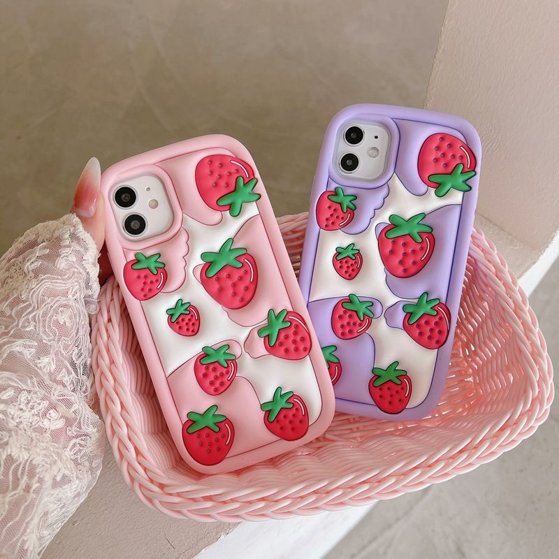 Stereoscopic Cute Pink Red Strawberry Silicone Soft Case for IPhone 6S 7 8 Plus X XR Max IPhone 11 12 13 14 Pro Max Cute TPU Phone CASE Cute Pretty Girl's Fashion