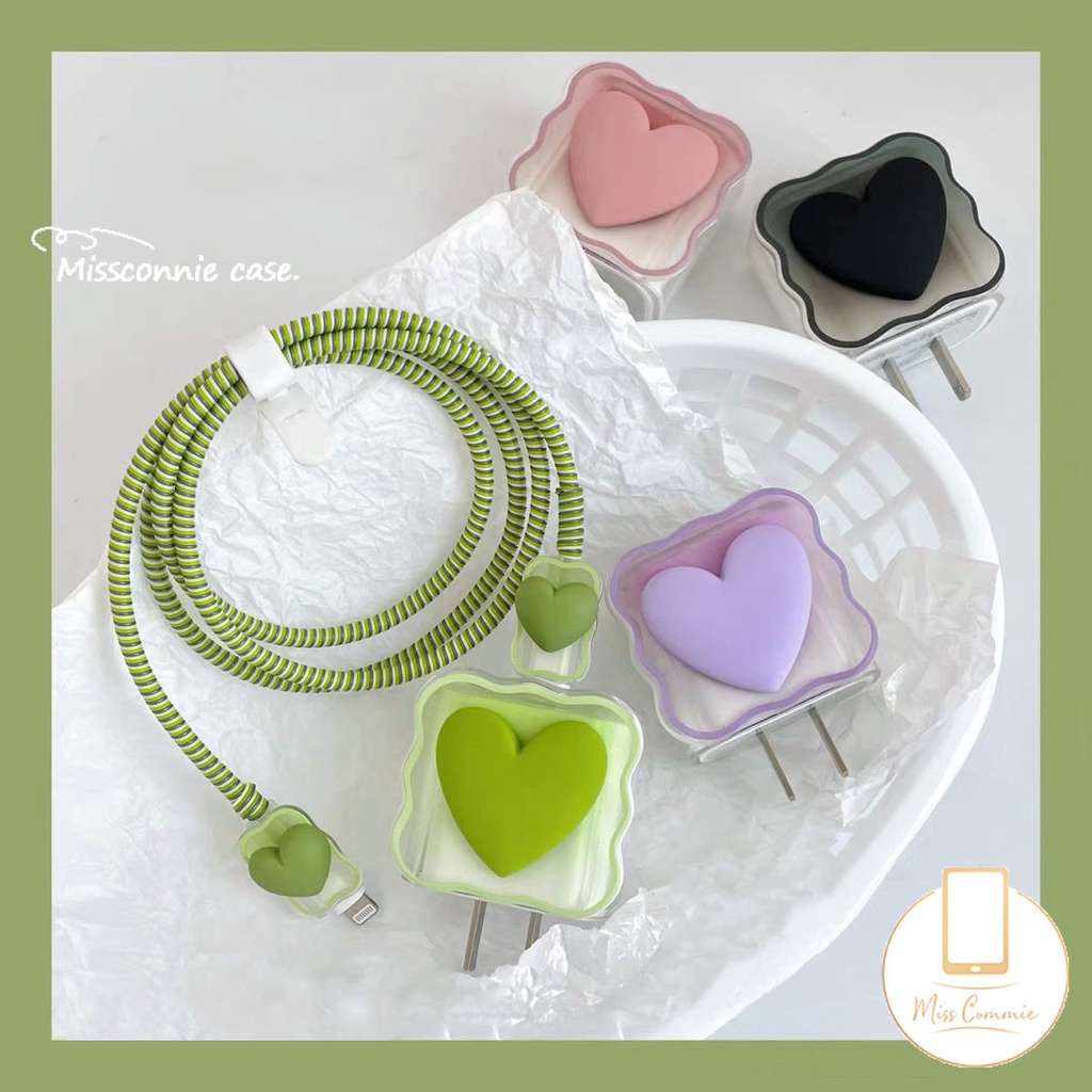 Cute 3D Permen Macaron Color Gradient Love Heart Wavy Edge 5in1 Charger Protector Set Kompatibel Untuk Apple 18/20W Adaptor Charger Dengan Penutup Pelindung Gigitan Kabel