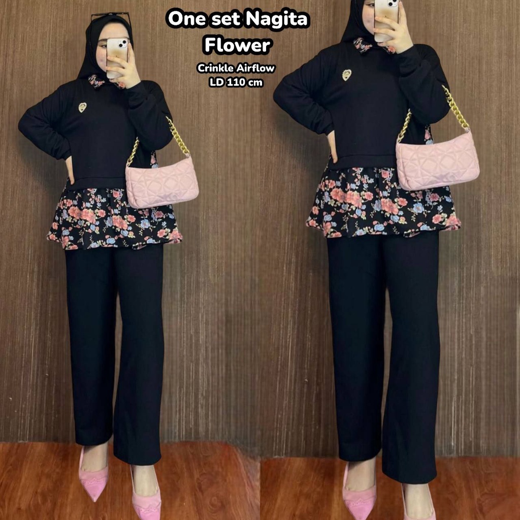 Nagita Flower - One Set Wanita Crinkle Airflow Premium Setelan Wanita Lengan 7/8 Set Baju Celana Kekinian LD 110 cm