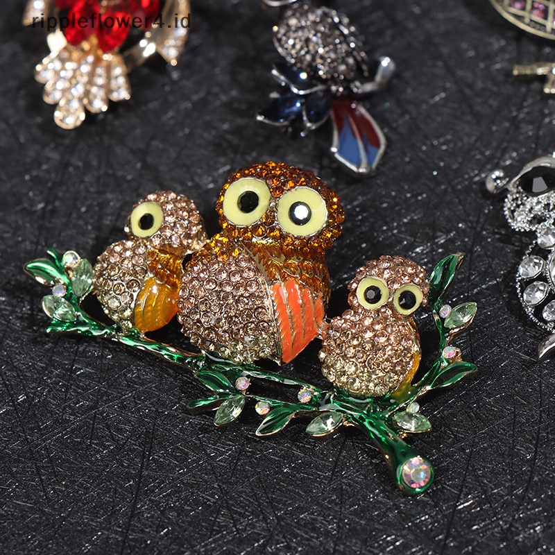 {rippleflower4.id} Berlian Imitasi Owl Bros Lencana Pin Burung Hewan Pesta Santai Setelan Korsase Hadiah~