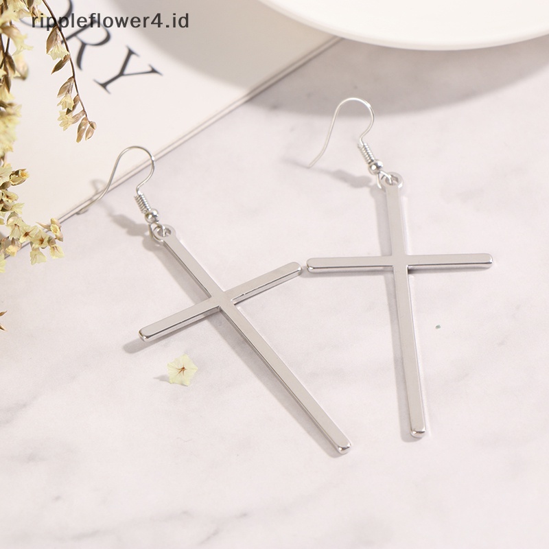 {rippleflower4.id} 1pasang Anting punk Kreatif Tekstur fashion Populer Anting Salib Panjang~