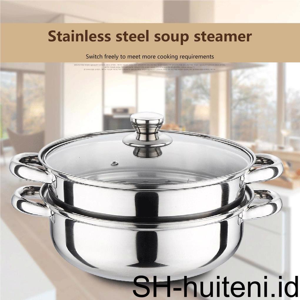 Panci Steamer Double Layer 28cm Dengan Pegangan Insulasi Panas Tutup Kaca Stainless Steel Stockpot Soup Boiler Untuk Rumah