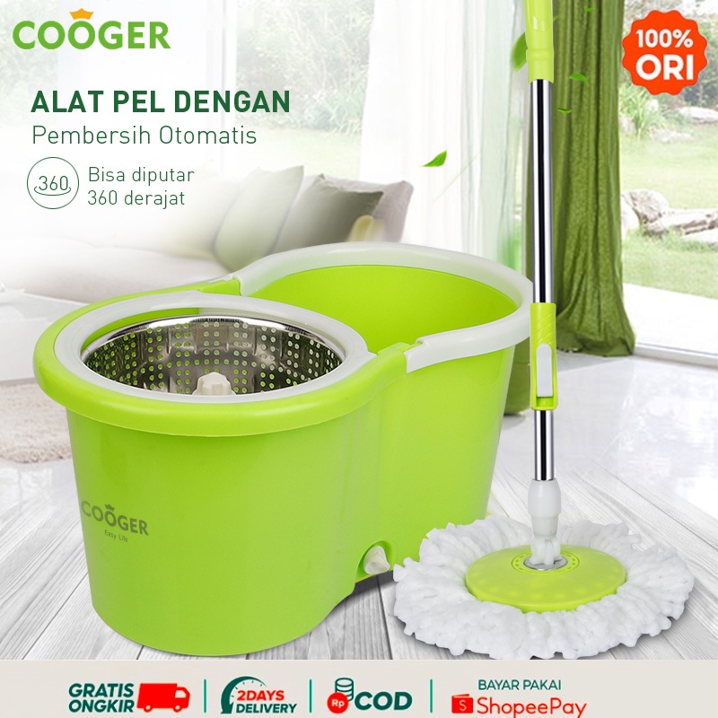 COOGER Spin Mop Alat Pel Lantai Microfiber Dapat Berputar 360 Derajat Otomatis Dengan Bak Wadah Air Pel Dilengkapi Pemerasan